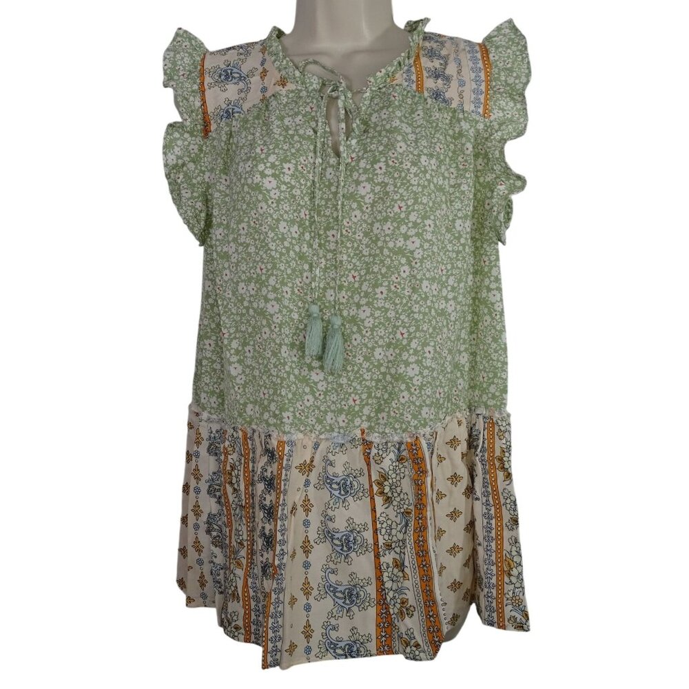 GiGiO Floral Patchwork Ruffle Sleeve Boho Top Women Size S Country Cottage Green
